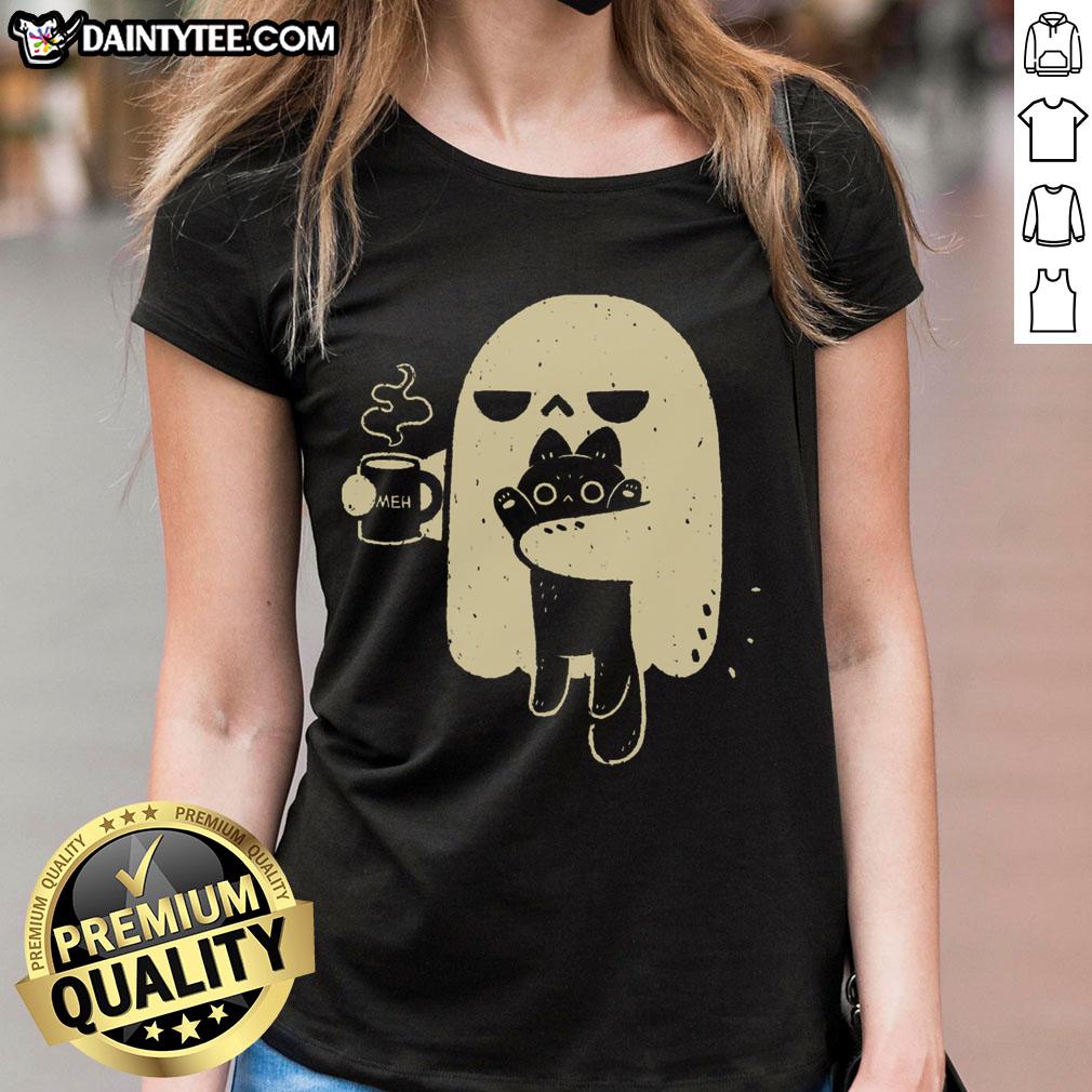 Cute ghost holding a cat on a ladies tee, perfect for Halloween or casual wear. Fun and whimsical design.