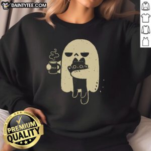 Cute ghost holding a cat on a cozy sweatshirt, perfect for Halloween and pet lovers.