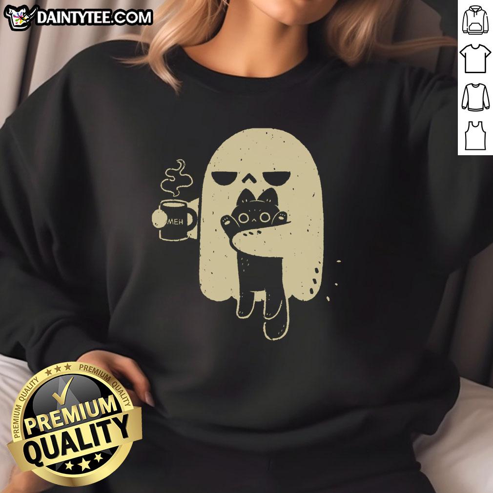 Cute ghost holding a cat on a cozy sweatshirt, perfect for Halloween and pet lovers.