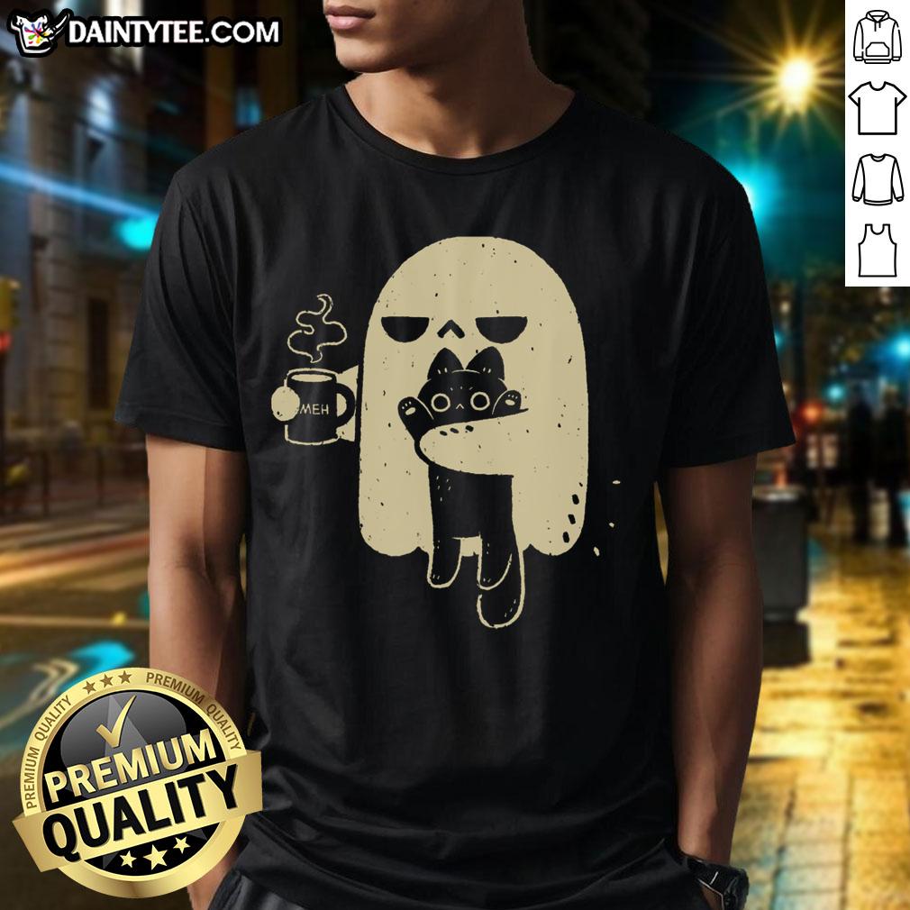 Cute ghost holding a cat graphic on a fun t-shirt, perfect for Halloween and cat lovers.