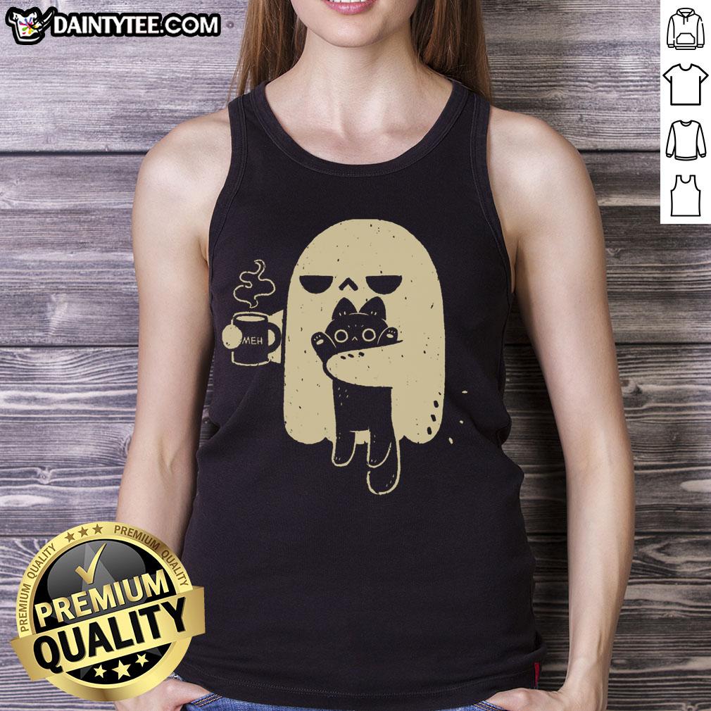 Cute ghost holding a cat tank top design, perfect for Halloween or casual wear lovers.