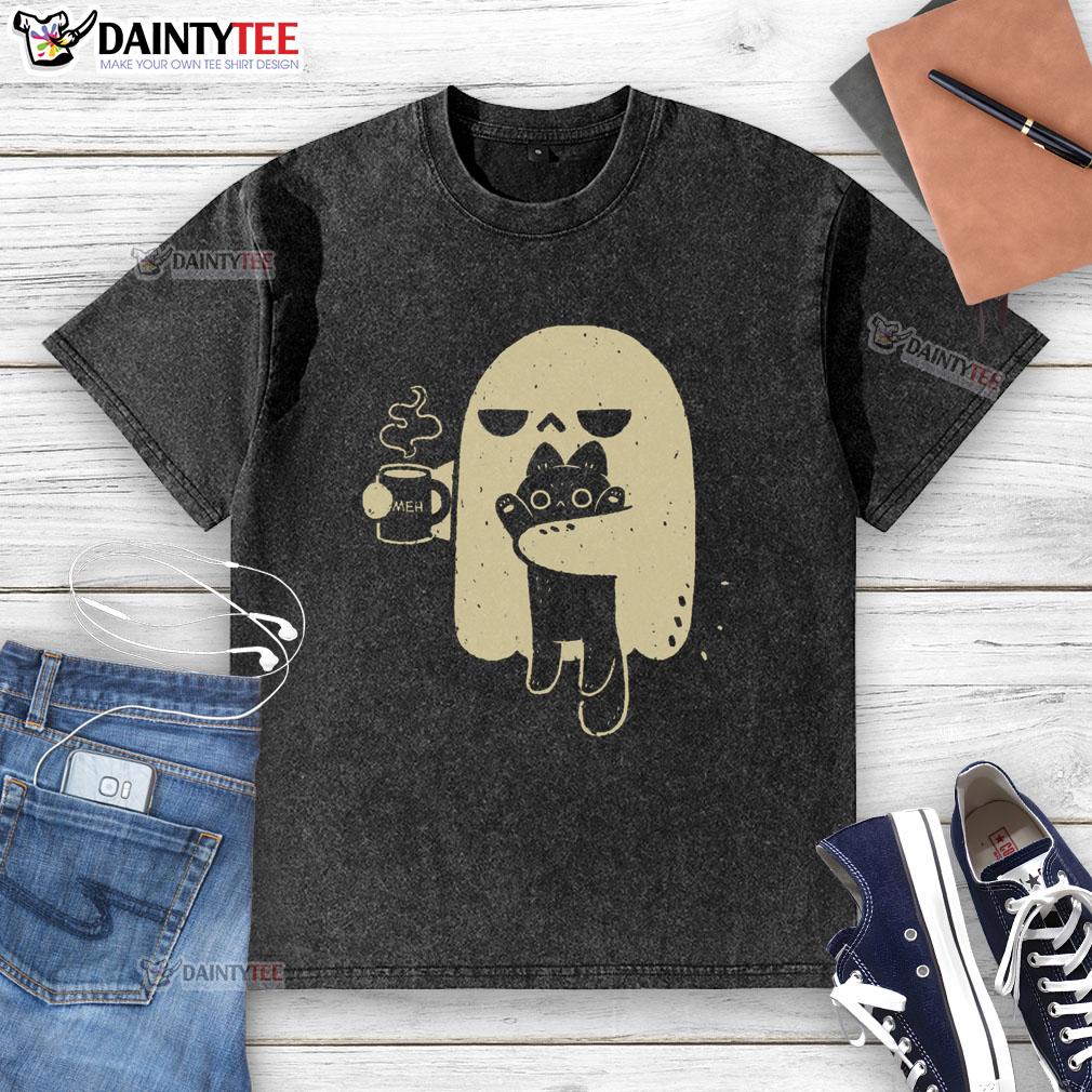 Cute ghost holding a cat on a washed t-shirt, perfect for Halloween and cozy casual wear.