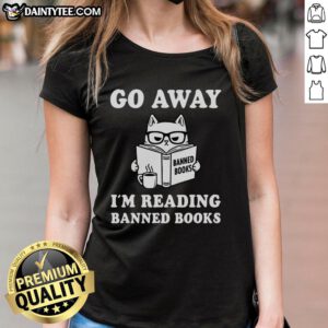 Cute 'Go Away, I'm Reading Banned Books' Cat Ladies Tee featuring a playful cat and book design for book lovers.