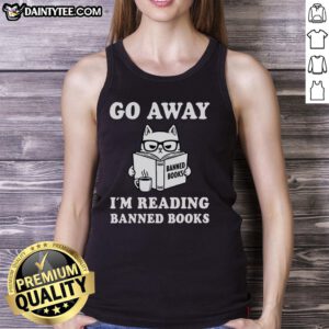 Cute cat wearing a tank top that says Go Away, I'm Reading Banned Books, perfect for book lovers and cat enthusiasts.