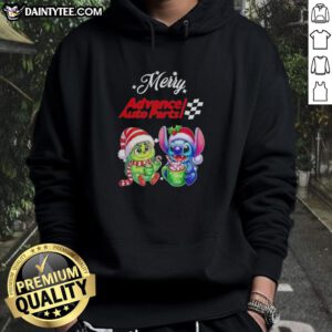 Alt Text: Cute Grinch and Stitch in Merry Christmas hoodie, perfect for festive celebrations and Advance Auto Parts fans.