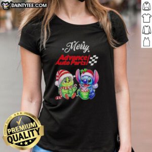 Cute Grinch and Stitch graphic on a Merry Christmas ladies tee from Advance Auto Parts, perfect for festive celebrations.