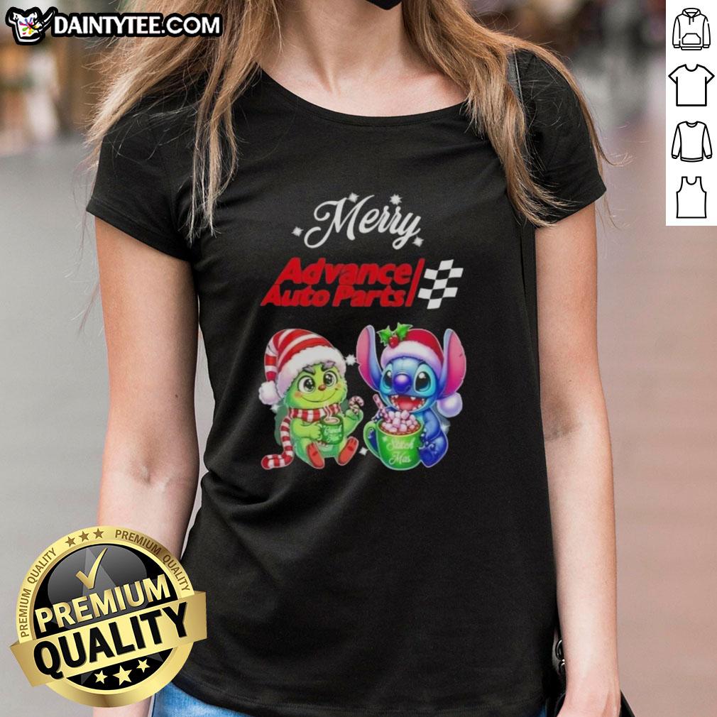 Cute Grinch and Stitch graphic on a Merry Christmas ladies tee from Advance Auto Parts, perfect for festive celebrations.