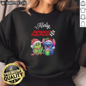 Cute Grinch and Stitch X Advance Auto Parts Merry Christmas sweatshirt featuring festive designs and cozy style.