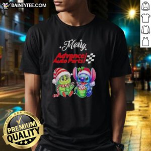 Alt Text: Cute Grinch and Stitch Christmas T-Shirt design featuring a festive theme, perfect for holiday celebrations with Advance Auto Parts.