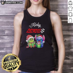 Cute Grinch and Stitch Christmas tank top from Advance Auto Parts, perfect for holiday celebrations.