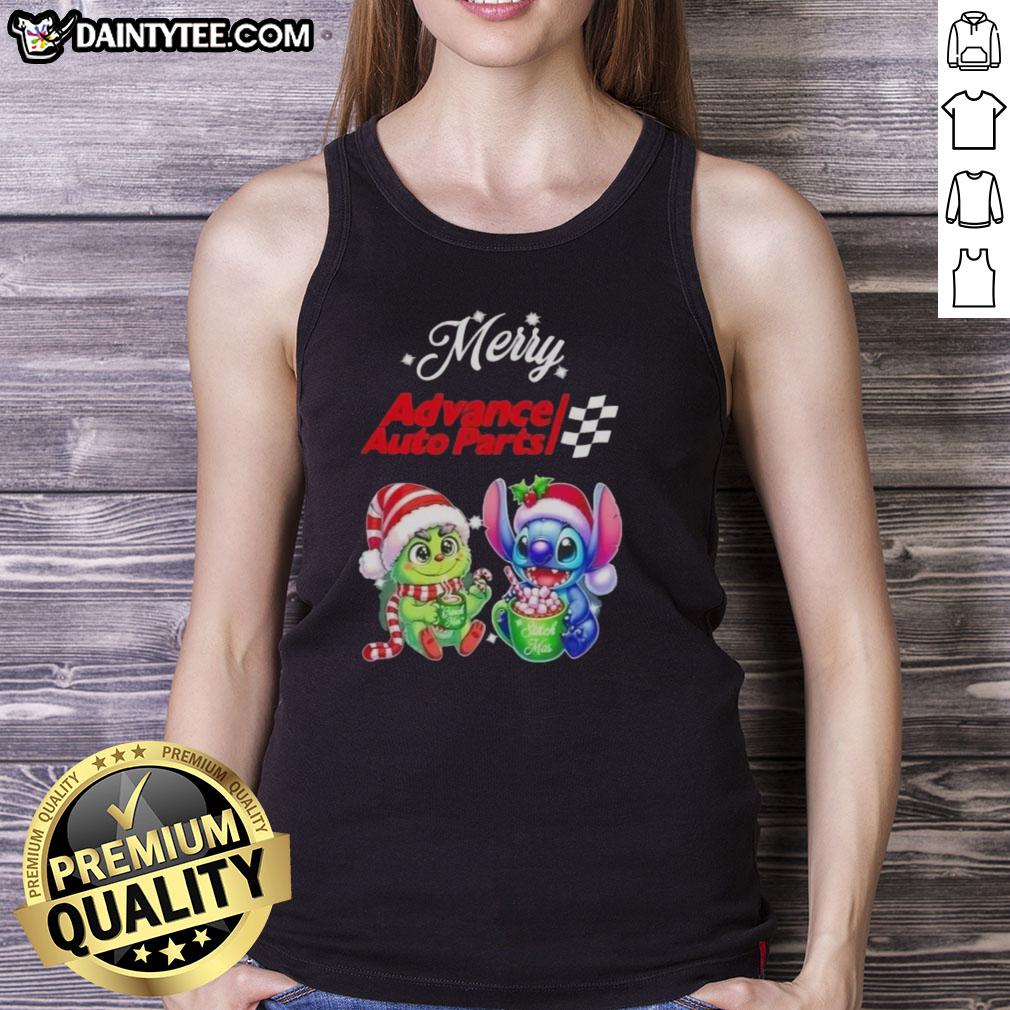 Cute Grinch and Stitch Christmas tank top from Advance Auto Parts, perfect for holiday celebrations.