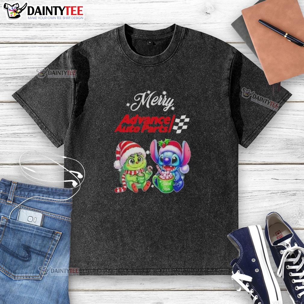 Alt Text: Cute Grinch and Stitch graphic on a Merry Christmas washed t-shirt from Advance Auto Parts, perfect holiday apparel.