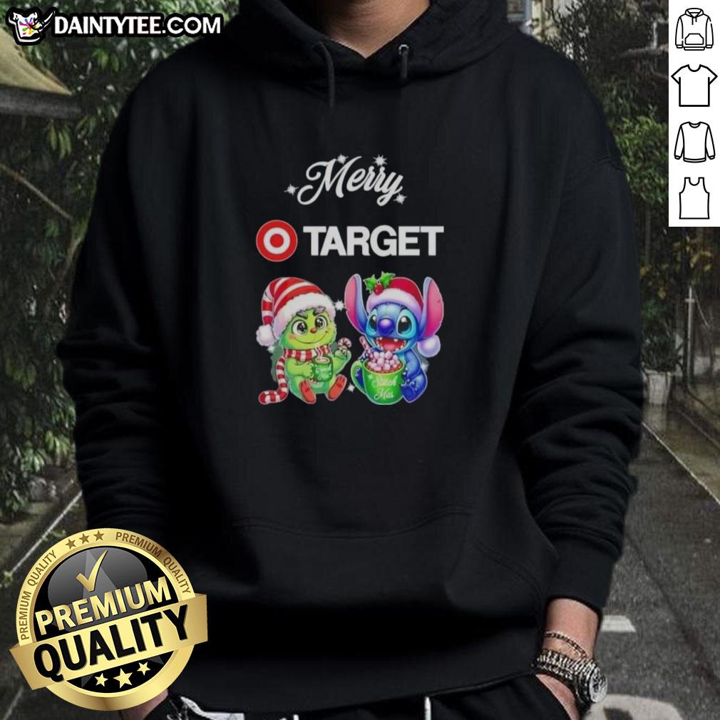 Alt Text: Cute Grinch and Stitch X Target Merry Christmas hoodie featuring festive designs and vibrant colors for holiday cheer.