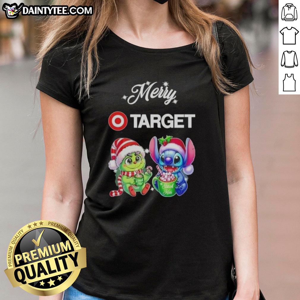 Alt Text: Cute Grinch and Stitch X Target Merry Christmas ladies tee featuring festive graphics and cheerful design.