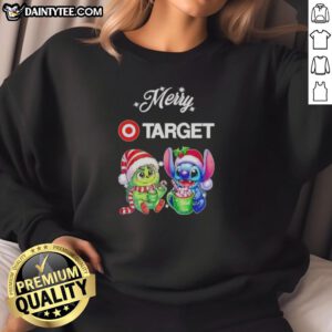 Alt Text: Cute Grinch and Stitch X Target Merry Christmas sweatshirt featuring festive designs perfect for holiday celebrations.