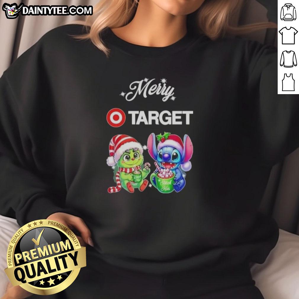 Alt Text: Cute Grinch and Stitch X Target Merry Christmas sweatshirt featuring festive designs perfect for holiday celebrations.