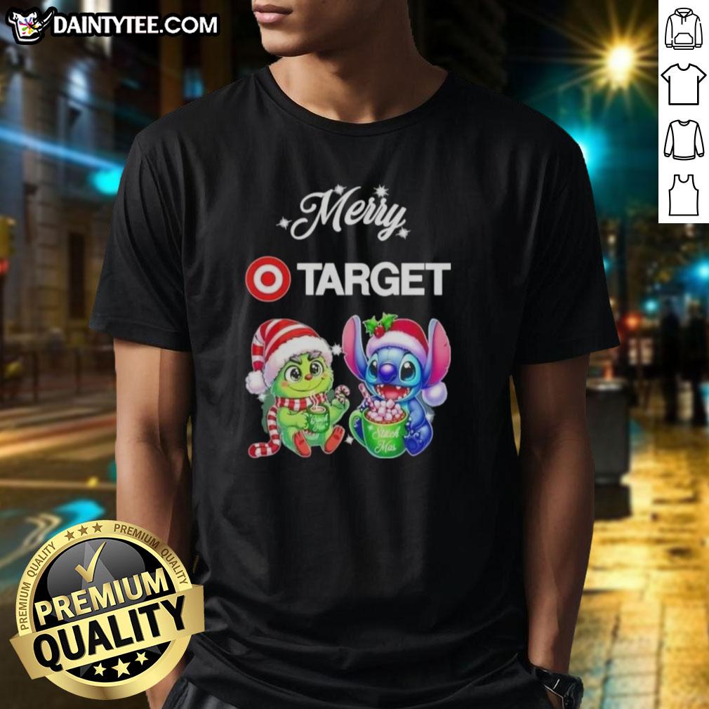 Alt Text: Cute Grinch and Stitch X Target Merry Christmas T-Shirt featuring festive graphics for holiday cheer.