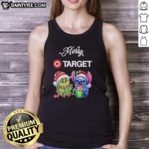 Alt Text: Cute Grinch and Stitch X Target Merry Christmas tank top featuring festive designs for holiday cheer.
