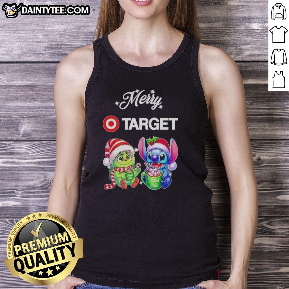 Alt Text: Cute Grinch and Stitch X Target Merry Christmas tank top featuring festive designs for holiday cheer.