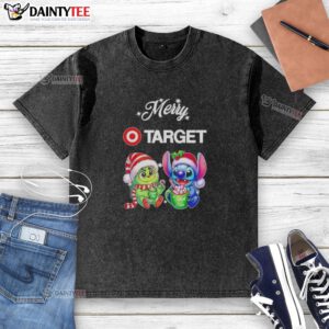 Alt Text: Cute Grinch and Stitch X Target Merry Christmas washed t-shirt featuring festive designs for holiday fun.