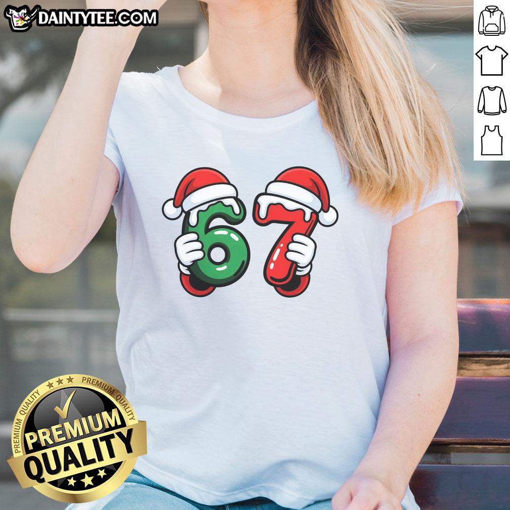 Funny Christmas meme featuring Santa's hands with text '67 Sixty-Seven' on a stylish ladies tee design.