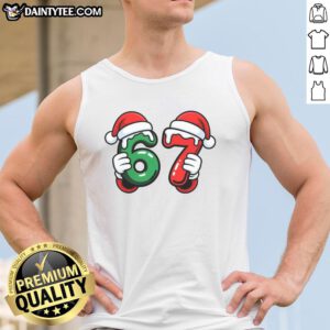 Funny Christmas meme featuring Santa hands on a tank top, perfect for holiday humor and festive apparel.