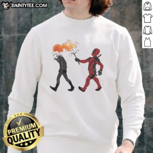 Funny Deadly S'mores sweatshirt featuring Deadpool and Ghost Rider in a quirky design for comic fans.