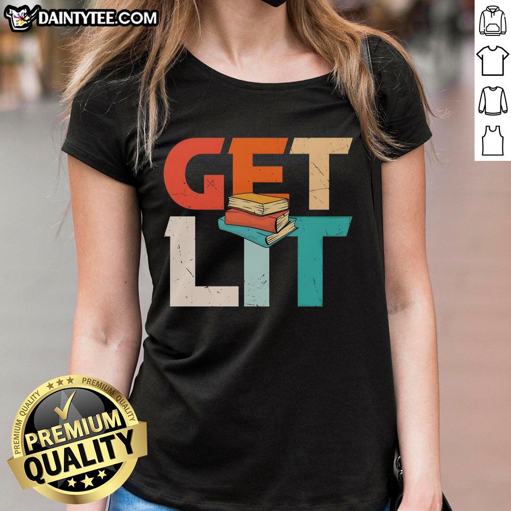 Funny 'Get Lit With Books' meme on a ladies tee, featuring playful book-themed graphics and vibrant colors.