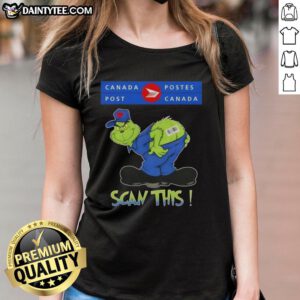 Funny Grinch X Canada Postes Scan This Ass Ladies Tee featuring a playful Grinch design, perfect for holiday humor.