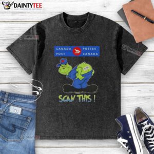 Funny Grinch X Canada Postes t-shirt featuring a humorous 'Scan This Ass' design for holiday cheer.
