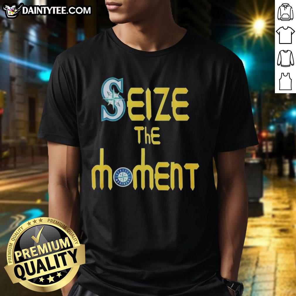 Funny Seize The Moment Seattle Mariners baseball logo t-shirt featuring a playful design and vibrant colors for fans.