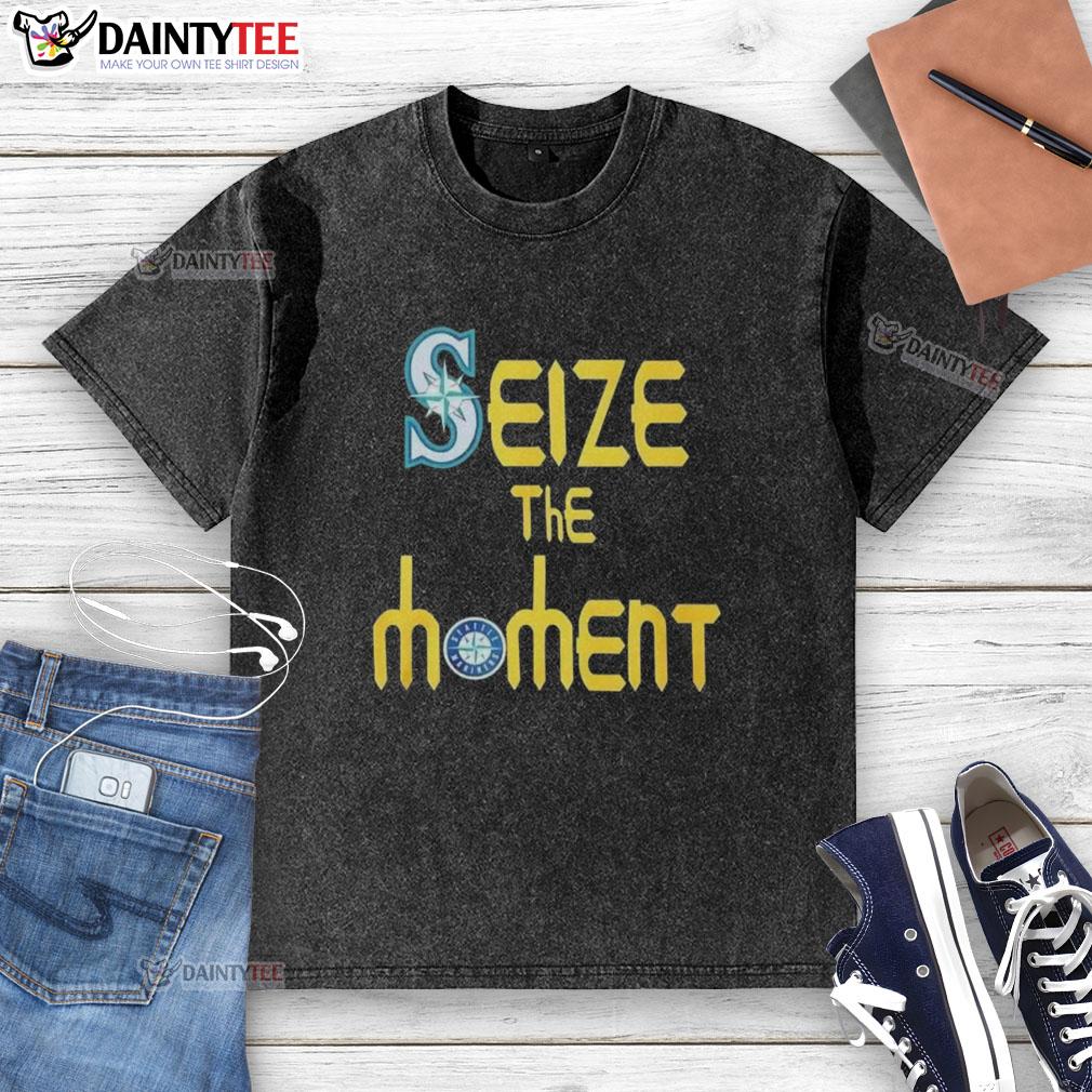 Funny Seize The Moment Seattle Mariners baseball logo on a washed T-shirt, perfect for fans and casual wear.