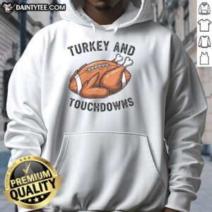 Funny turkey and touchdowns design on a cozy Thanksgiving football fan hoodie for holiday cheer.