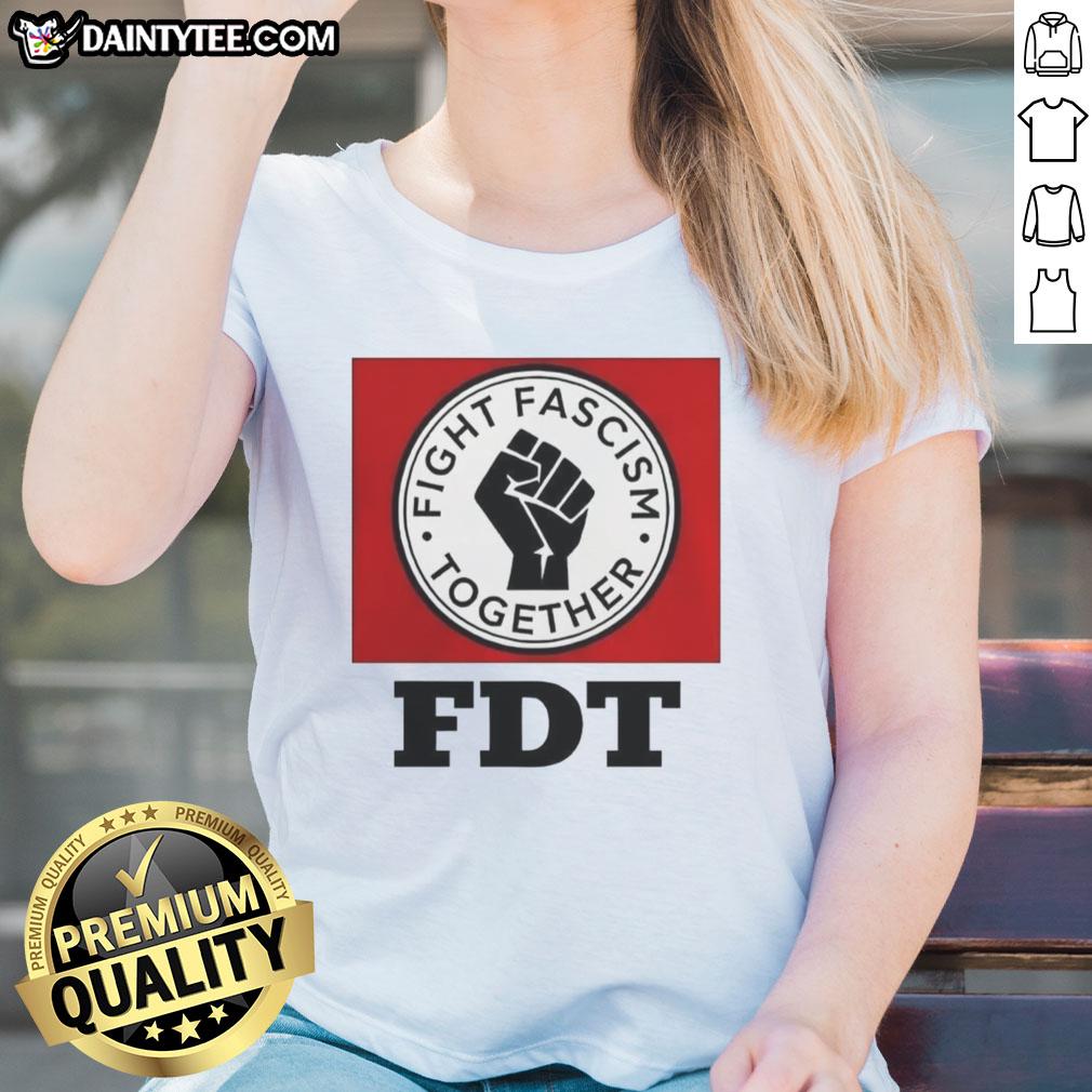 Alt Text: Ladies tee featuring the 'Good Fight Fascism Together' logo, promoting unity against fascism in stylish apparel.