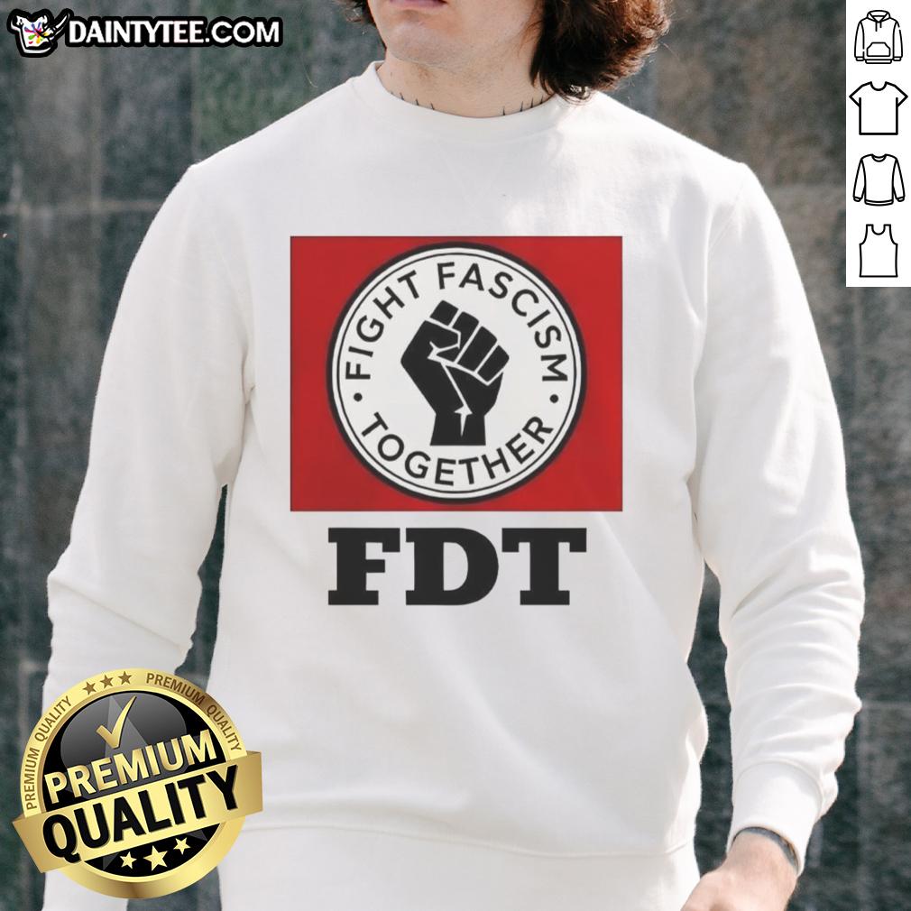 Good Fight Fascism Together logo sweatshirt featuring a bold design promoting unity against fascism.