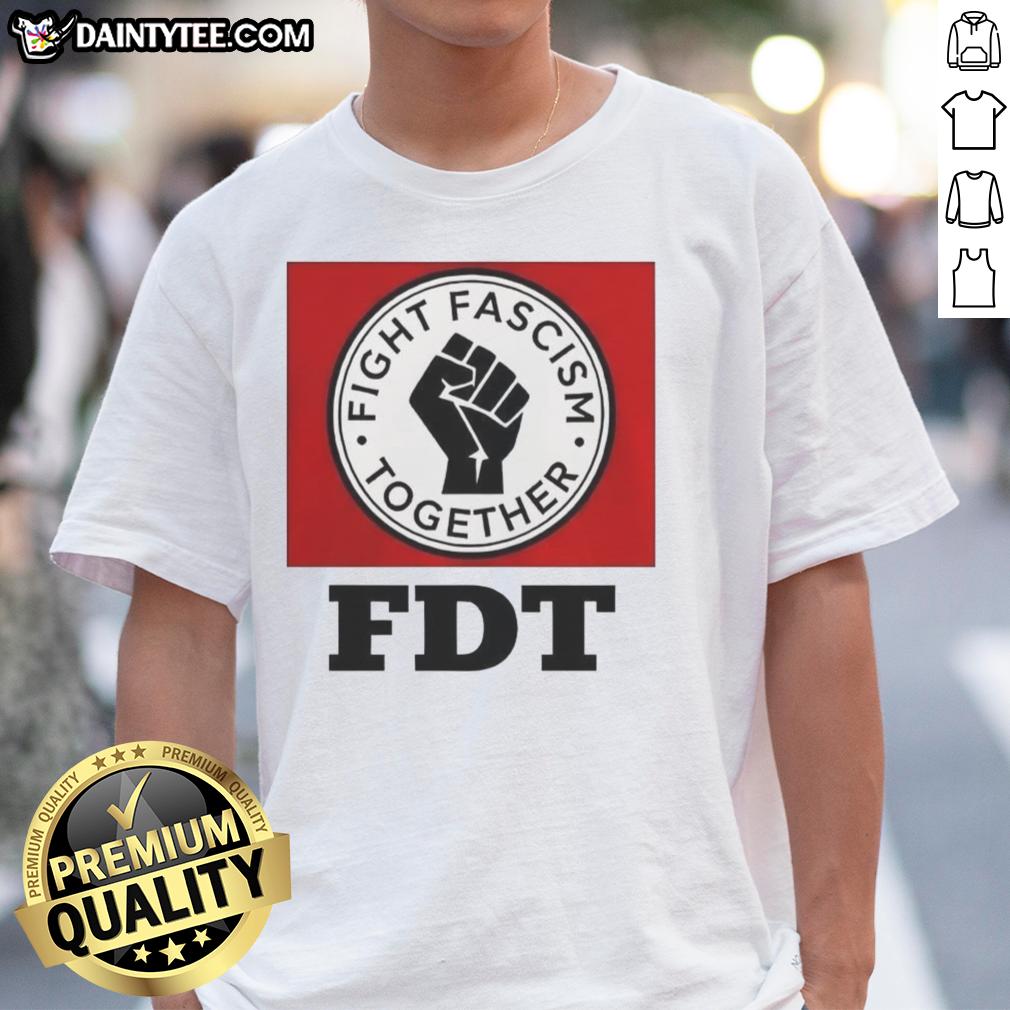 Good Fight Fascism Together logo T-Shirt featuring bold graphics promoting unity against fascism.