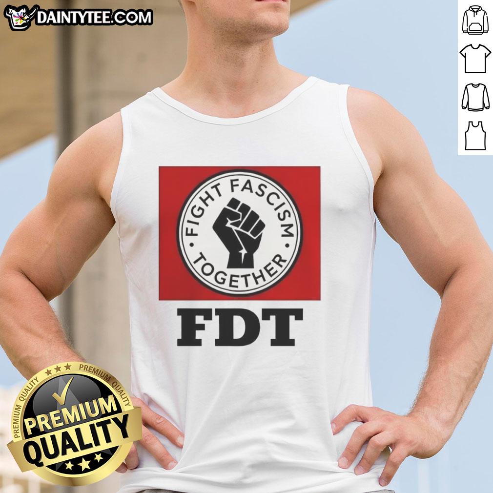 Alt Text: Good Fight Fascism Together logo on a stylish tank top, promoting unity and activism against fascism.