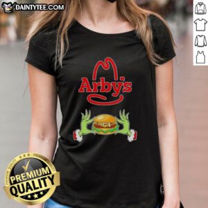 Good Grinch Hands love Arby's Merry Christmas ladies tee featuring festive design and playful graphics for holiday cheer.