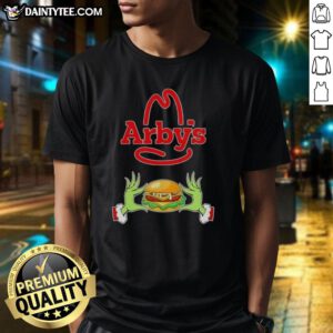 Good Grinch Hands Love Arby'S Merry Christmas T-Shirt featuring playful Grinch design and festive colors for holiday cheer.