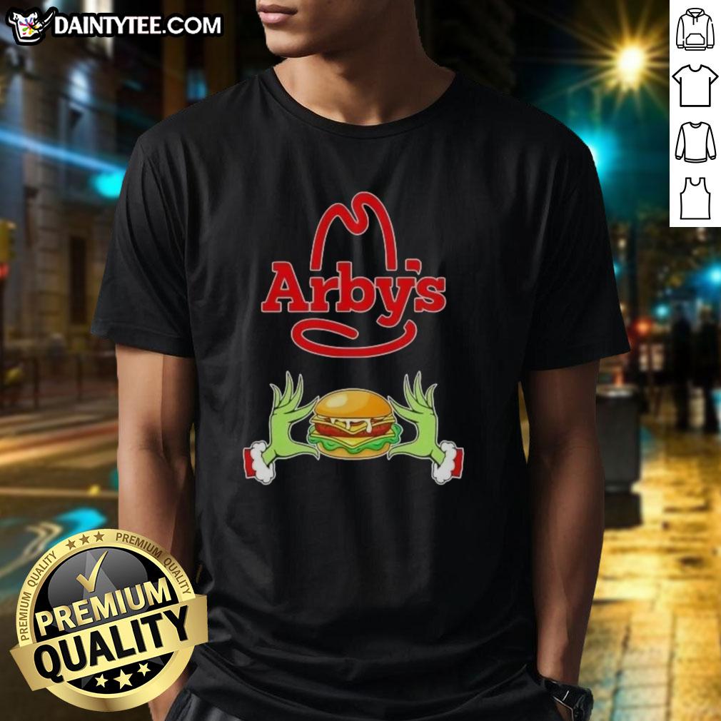 Good Grinch Hands Love Arby'S Merry Christmas T-Shirt featuring playful Grinch design and festive colors for holiday cheer.