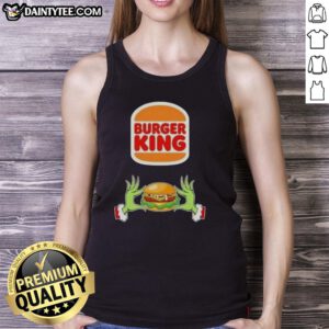 Good Grinch hands holding a burger at Burger King in a festive Merry Christmas tank top design.