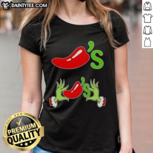 Good Grinch Hands Love Chilis Merry Christmas Ladies Tee featuring a festive design perfect for holiday celebrations.