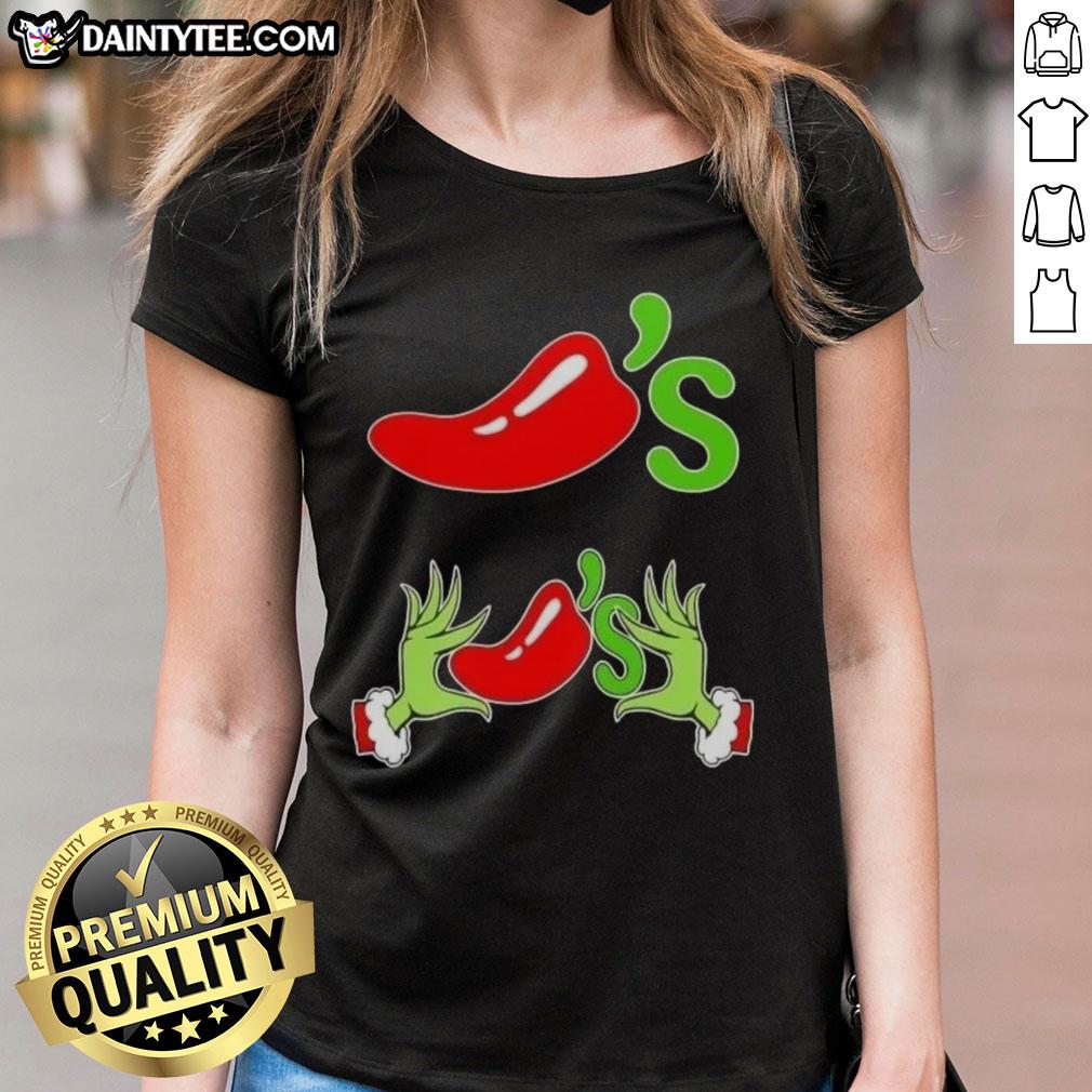Good Grinch Hands Love Chilis Merry Christmas Ladies Tee featuring a festive design perfect for holiday celebrations.