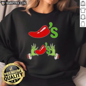 Alt Text: Good Grinch Hands Love Chilis Merry Christmas Sweatshirt featuring festive design and vibrant colors for holiday cheer.
