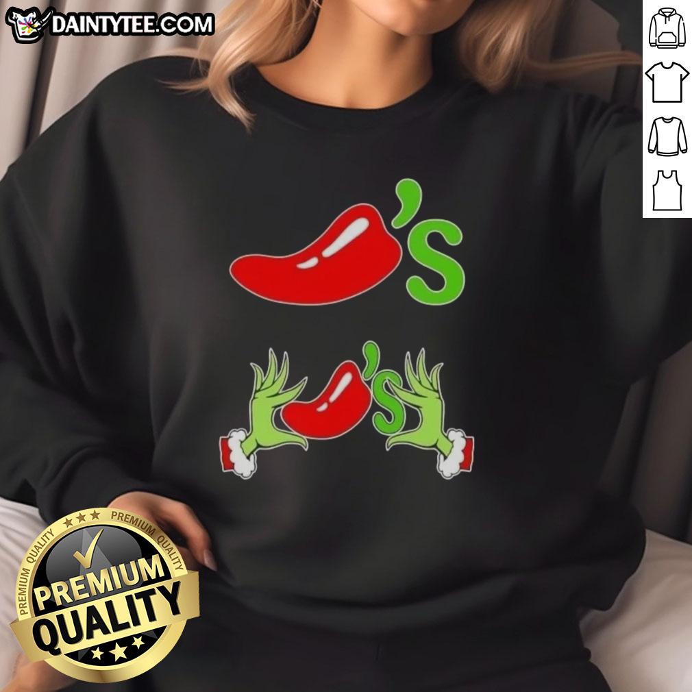 Alt Text: Good Grinch Hands Love Chilis Merry Christmas Sweatshirt featuring festive design and vibrant colors for holiday cheer.