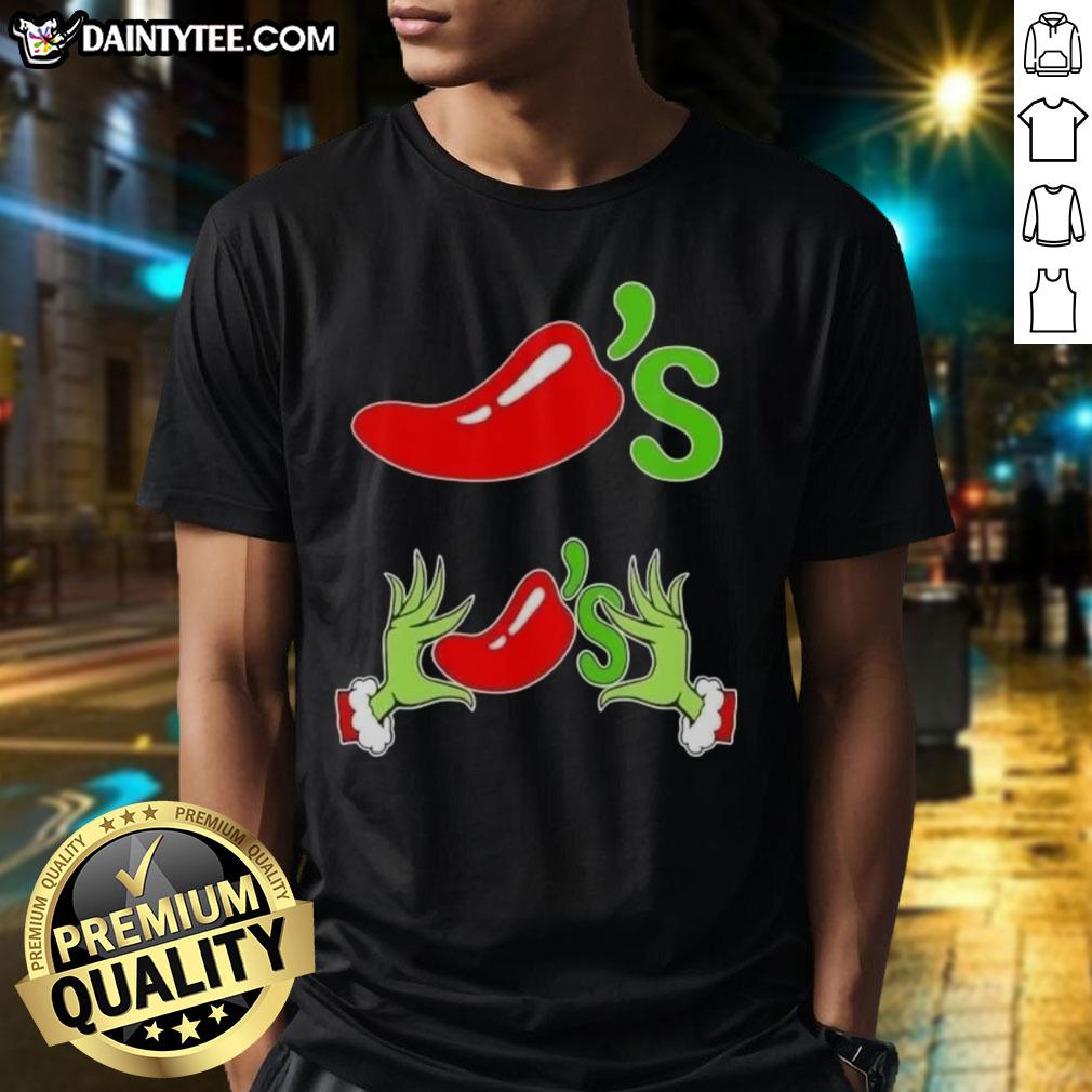 Alt Text: Good Grinch Hands Love Chili's Merry Christmas T-Shirt featuring festive design and playful Grinch graphic.