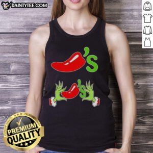 Good Grinch hands holding chilis on a Merry Christmas tank top, perfect for festive holiday celebrations.