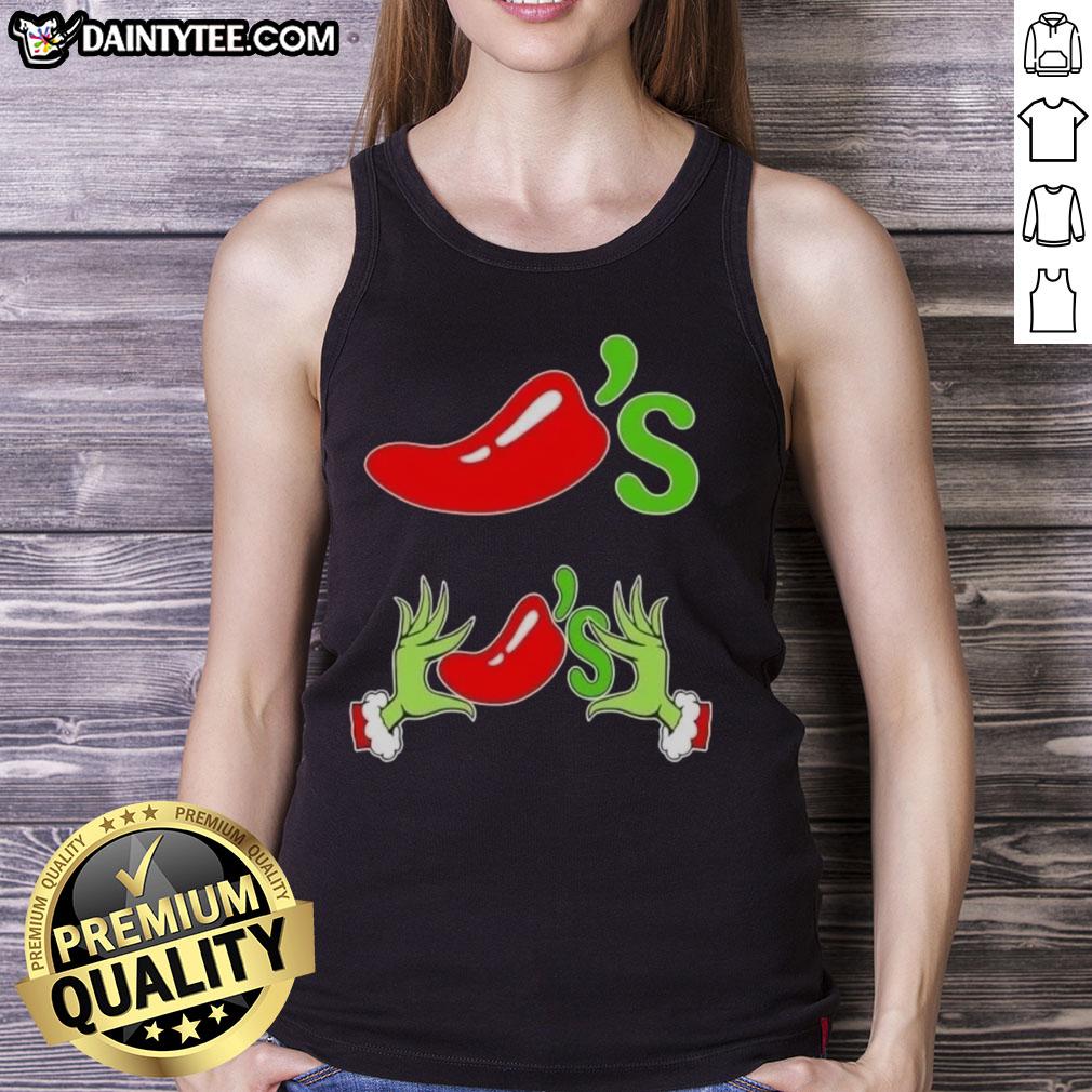 Good Grinch hands holding chilis on a Merry Christmas tank top, perfect for festive holiday celebrations.
