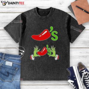 Good Grinch hands love chilis on a Merry Christmas washed t-shirt, perfect for festive holiday celebrations.