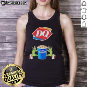 Good Grinch hands holding a Dairy Queen cup, wearing a Merry Christmas tank top, perfect for festive holiday fun.